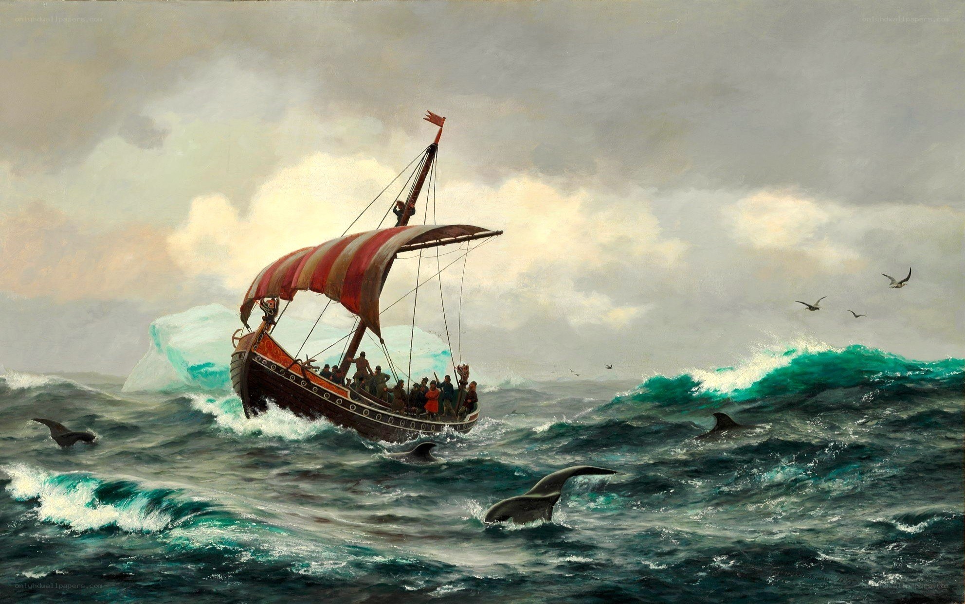 Viking ship in stormy sea