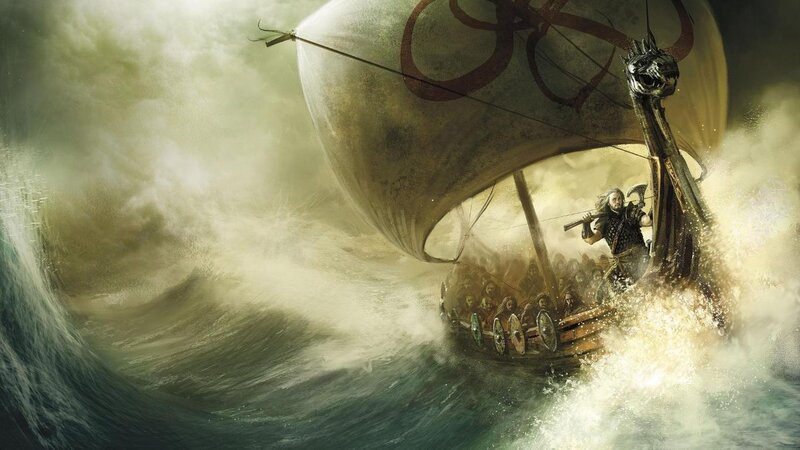 Viking ship in stormy sea
