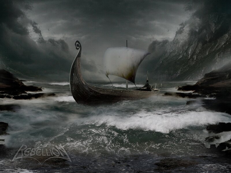 Viking ship in stormy sea