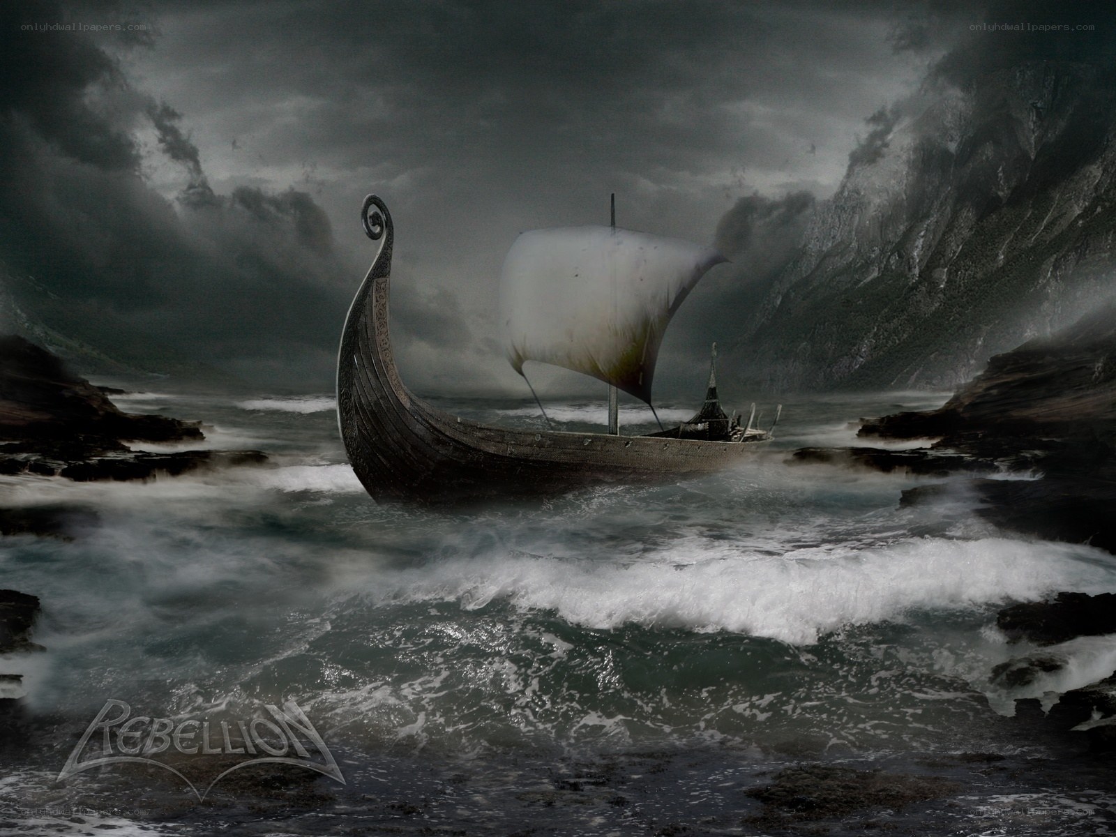 Viking ship in stormy sea