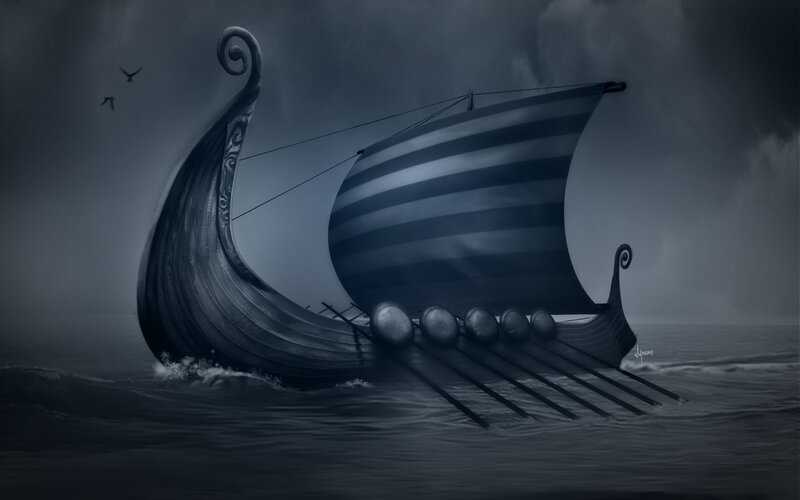 Viking ship in stormy sea