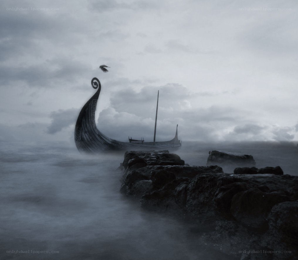Viking ship in stormy sea