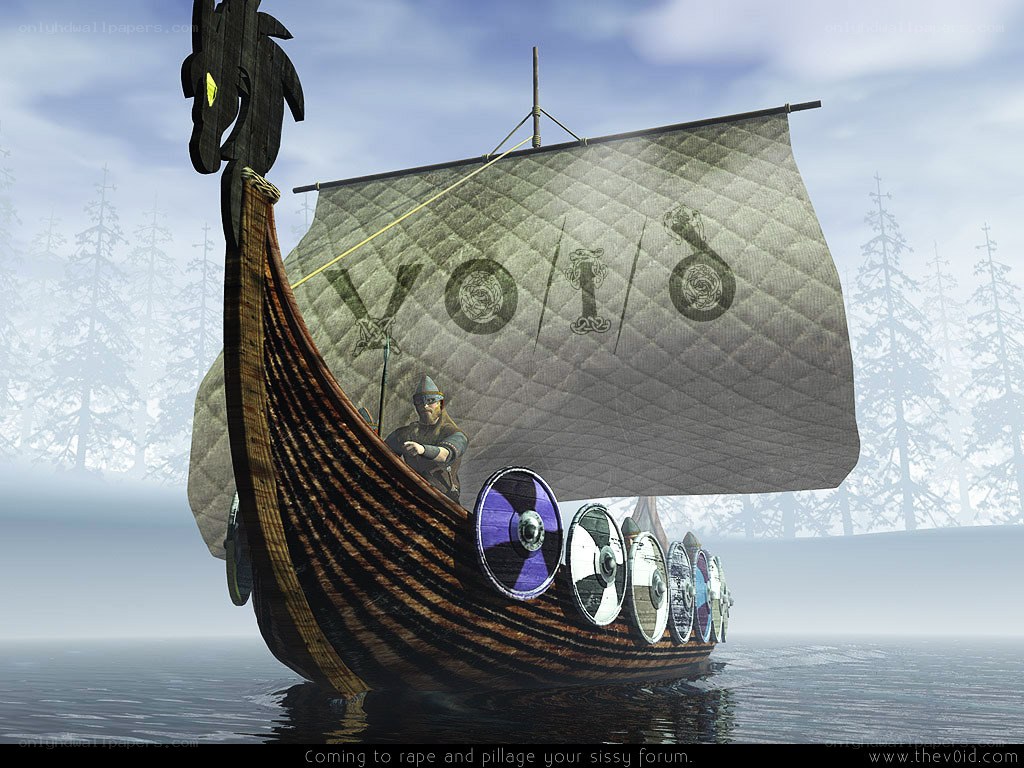 Viking ship on a misty lake