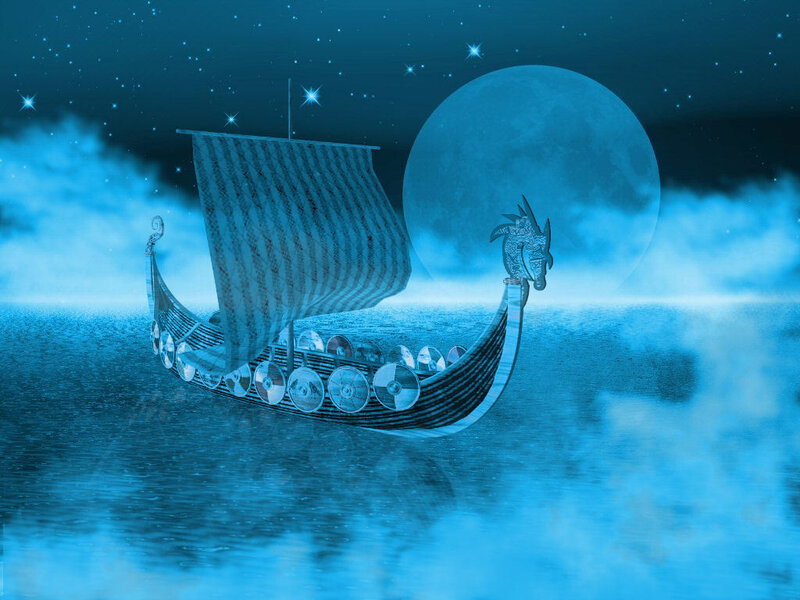 Viking ship under moonlight
