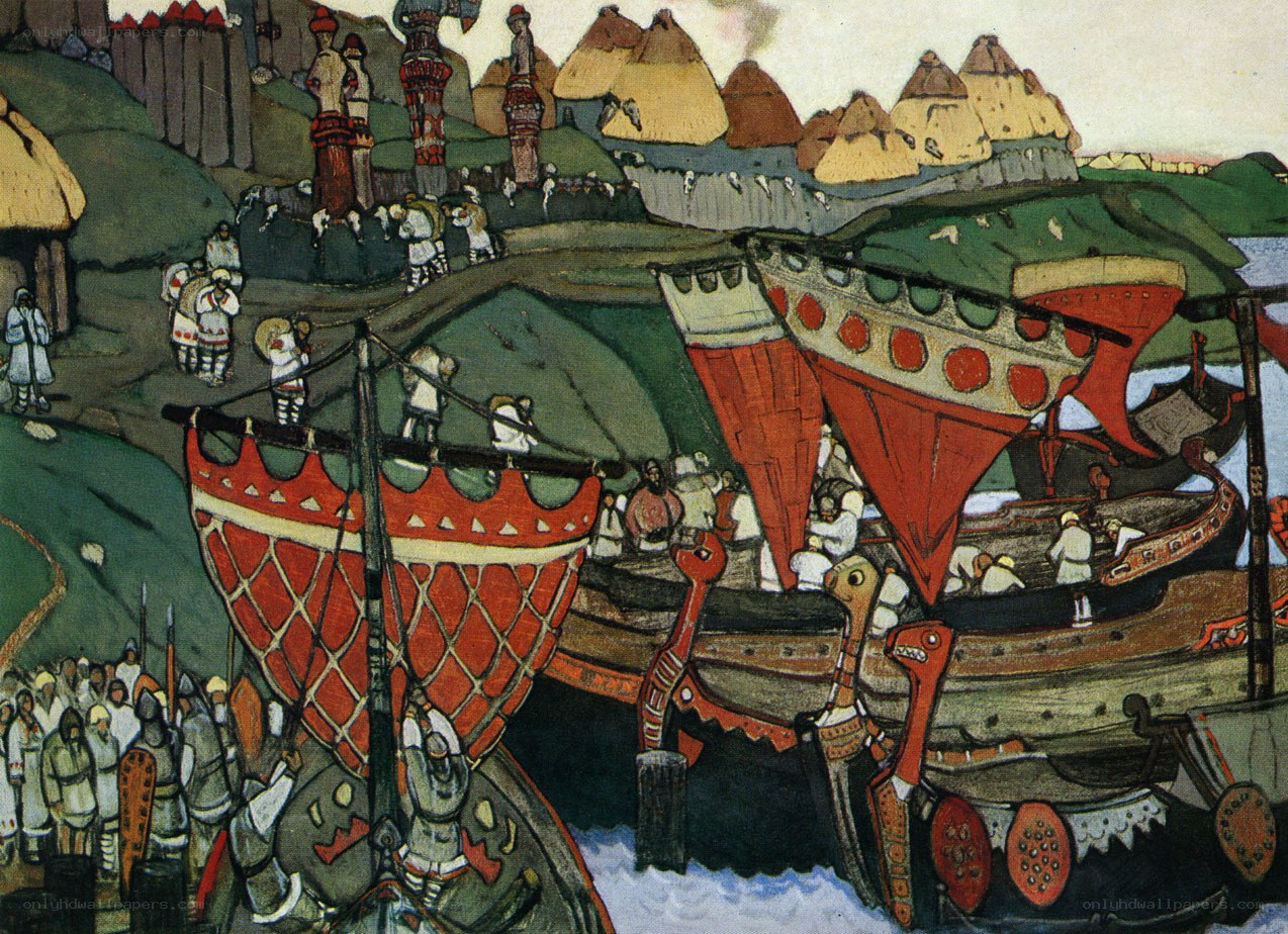Viking ships at a settlement