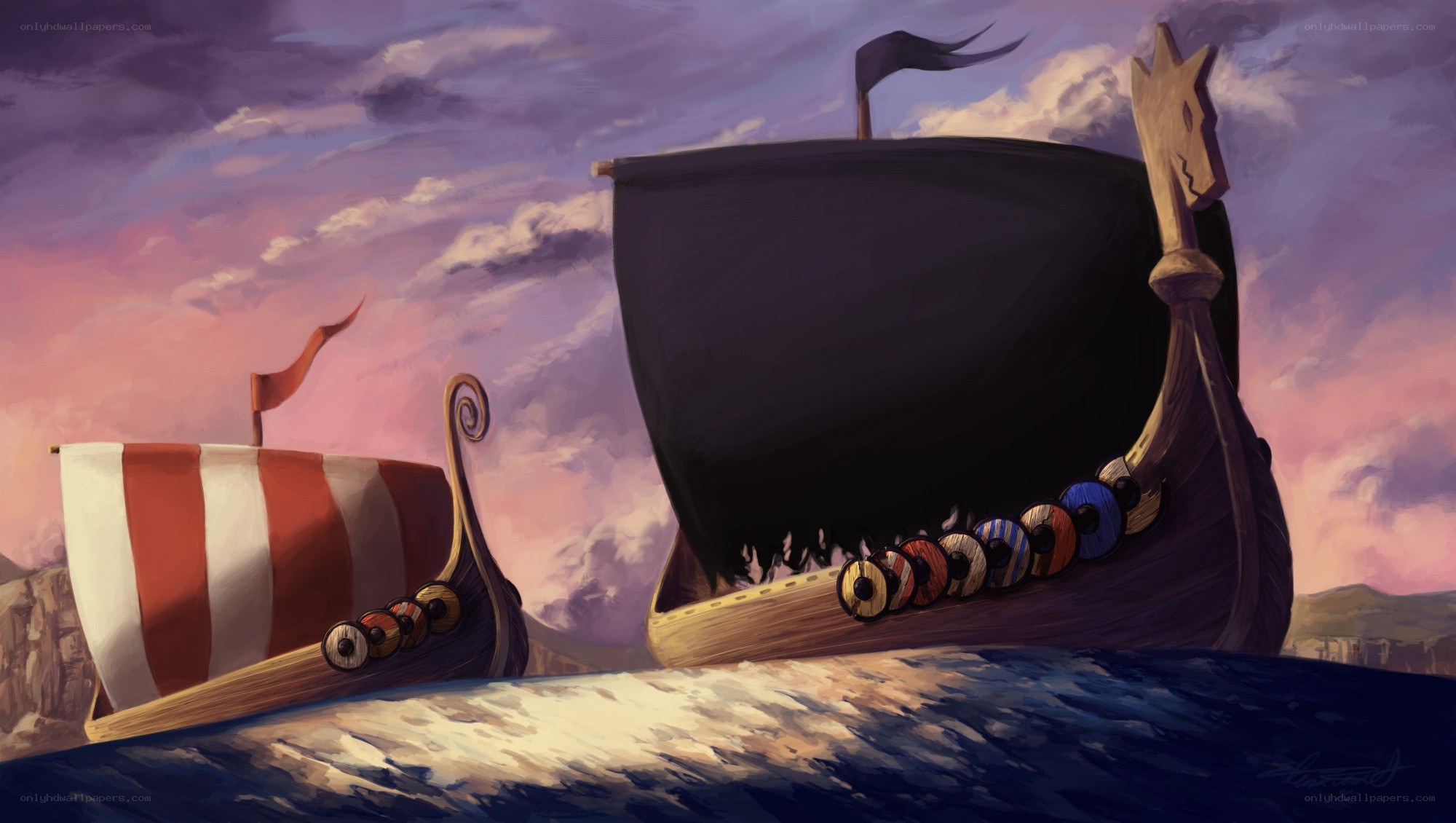 Viking ships at sunset