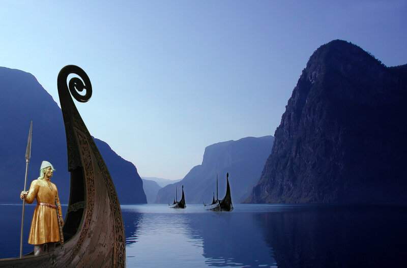 Viking ships in a fjord