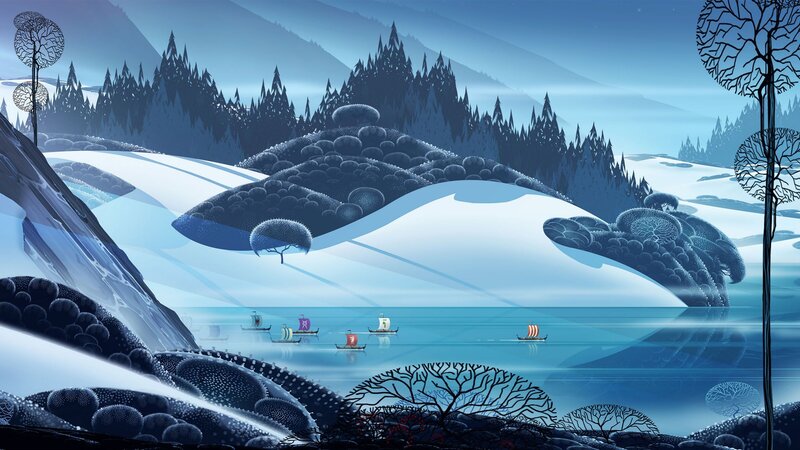 Viking ships in a snowy landscape