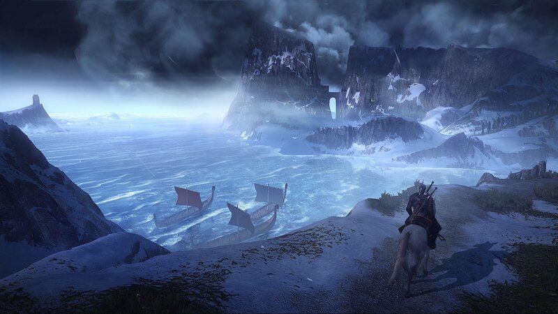 Viking ships in a snowy landscape