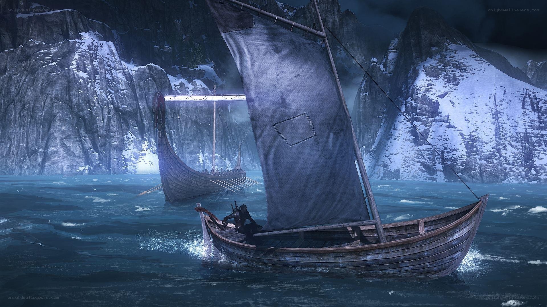 Viking ships in a storm