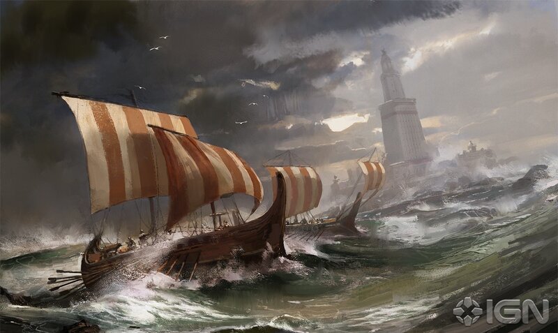 Viking ships in stormy sea