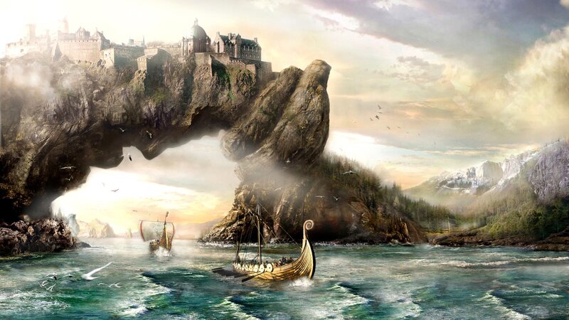 Viking Ships Near Castle — Blue