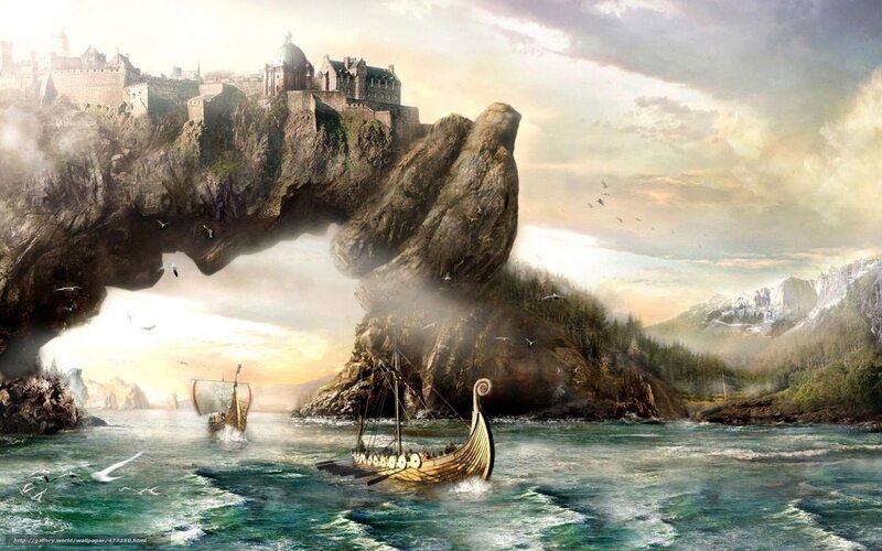 Viking Ships Near Castle — Green