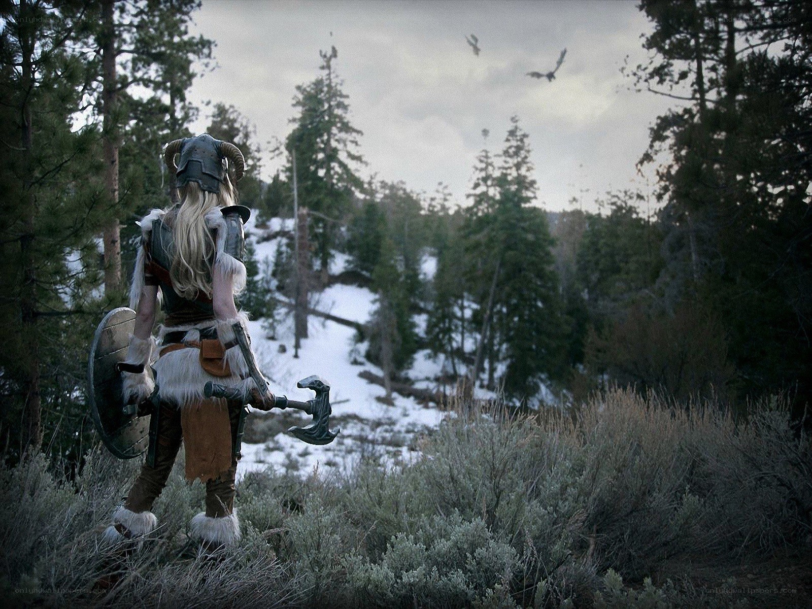 Viking warrior in snowy forest