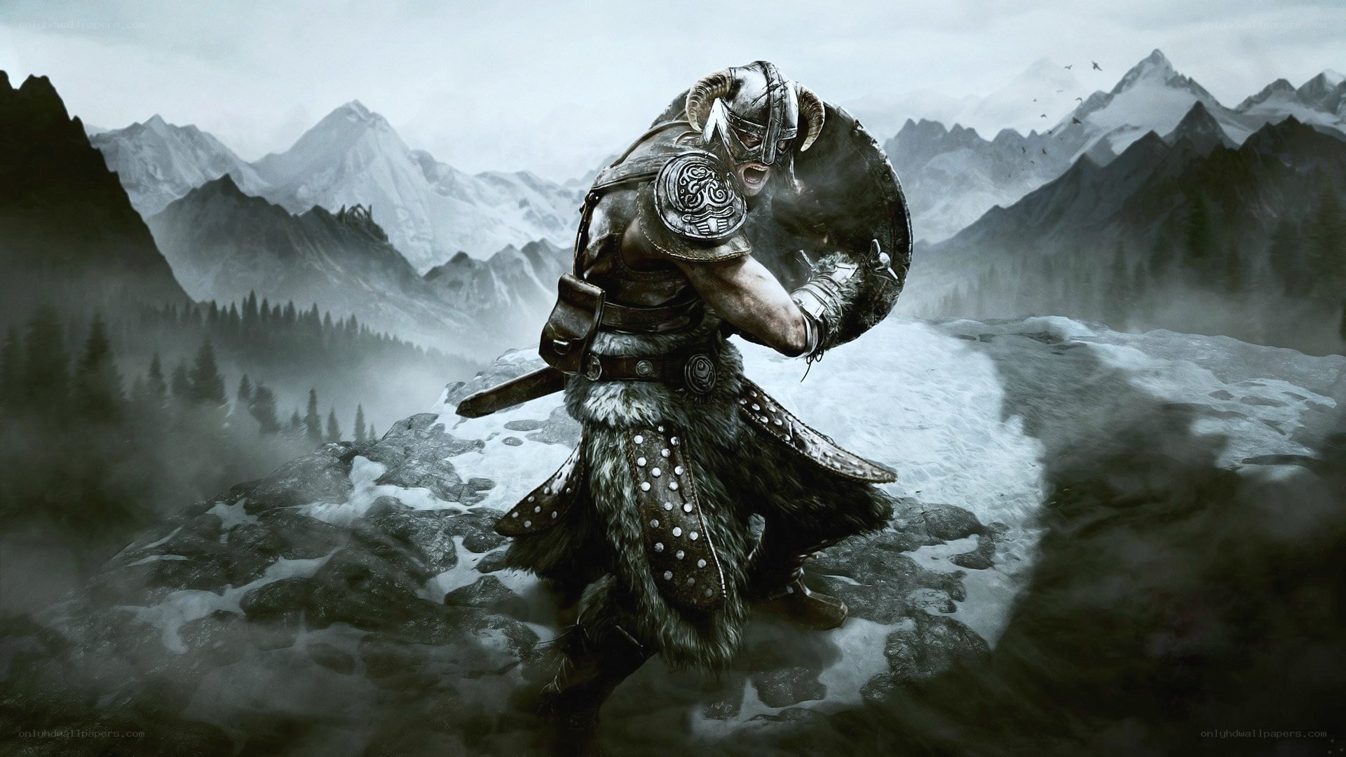 Viking warrior in snowy mountains