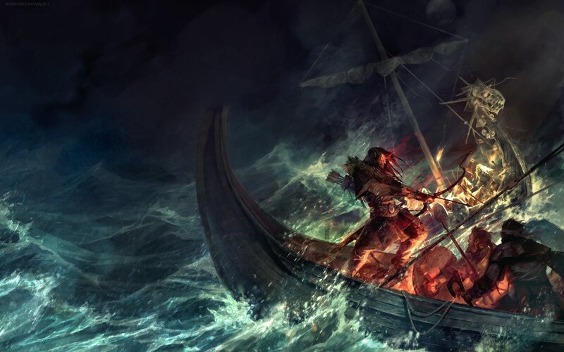Viking Warrior on Ship — Dark Blue, Dramatic
