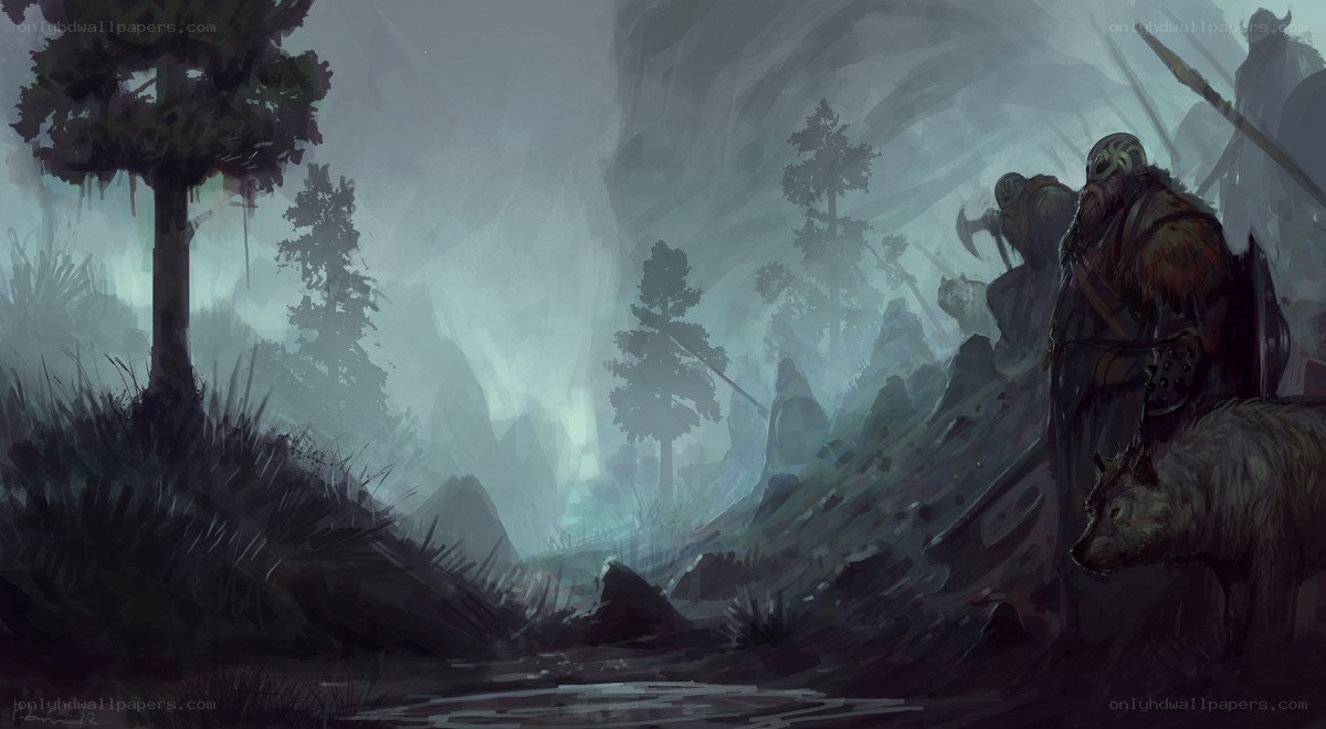 Viking warriors in a misty forest