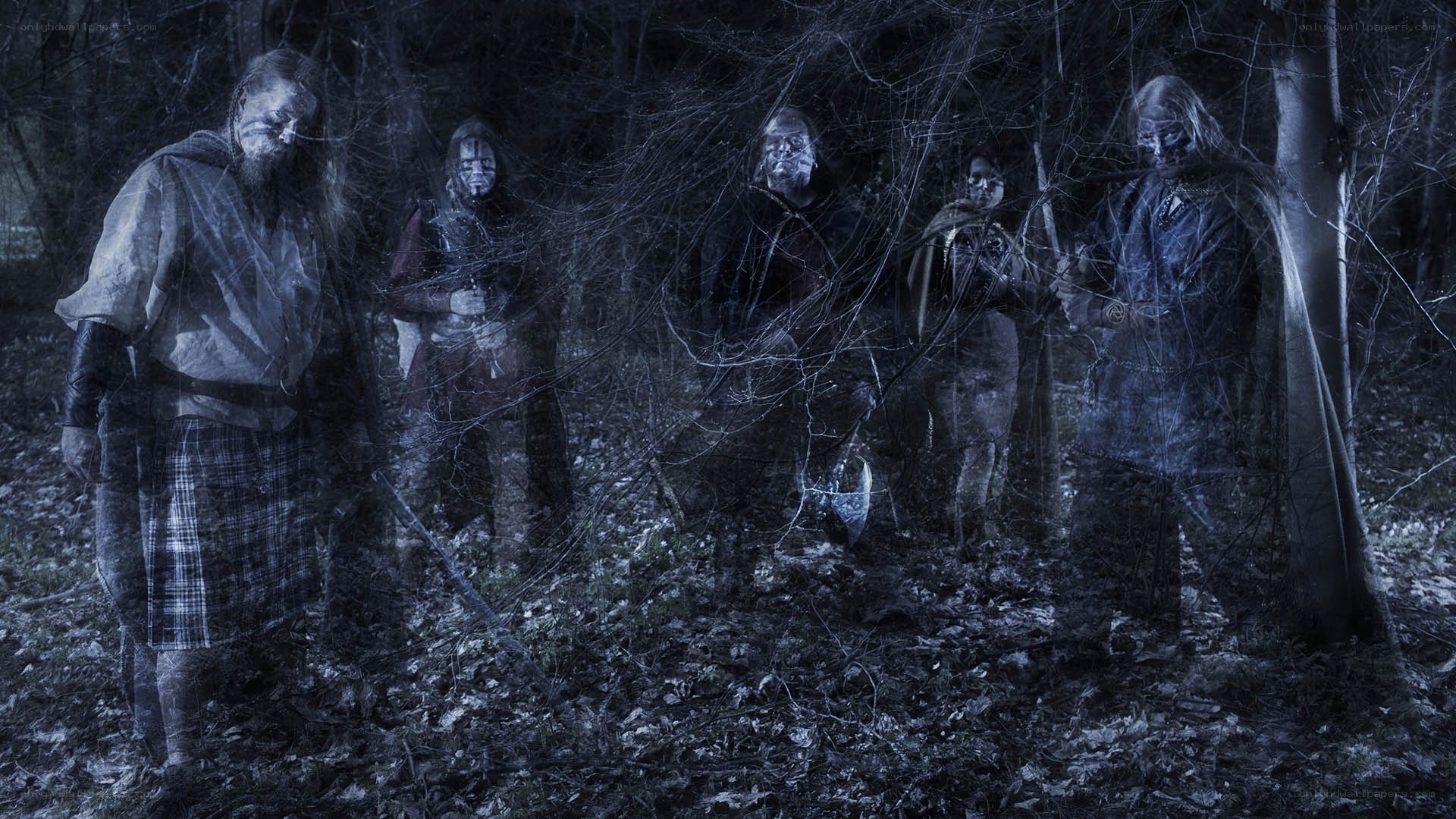 Viking warriors in dark forest