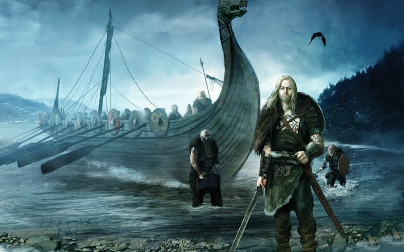Viking warriors landing on shore