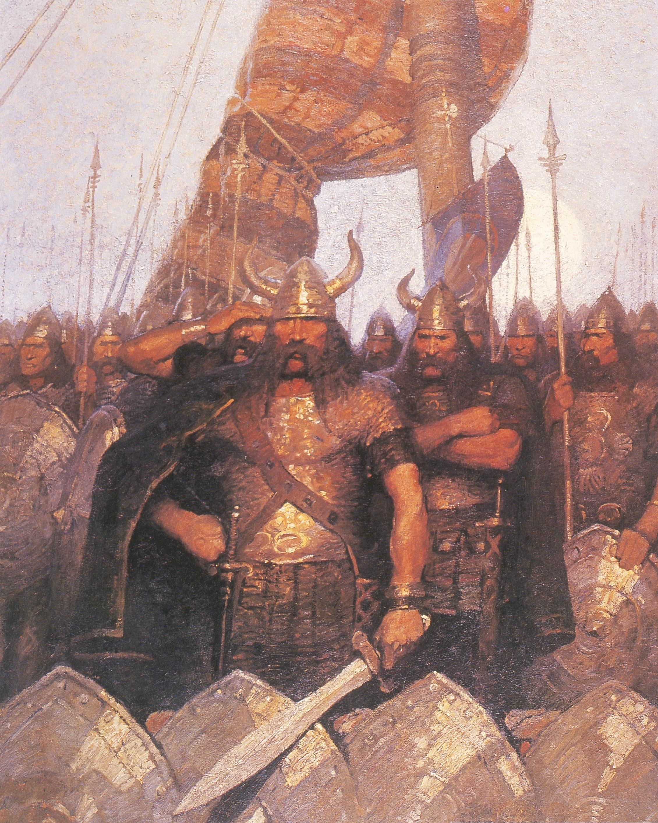 Viking warriors on a longship