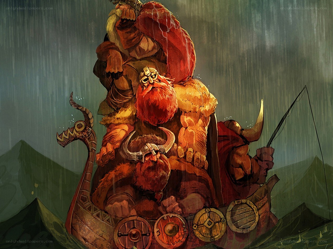 Viking warriors on a longship