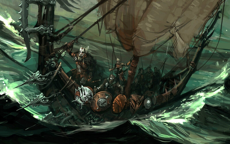 Viking Warriors on a Longship — Green, Dramatic