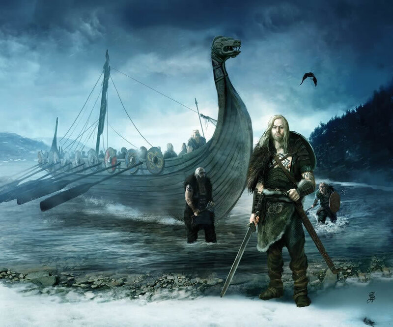 Viking warriors on shore