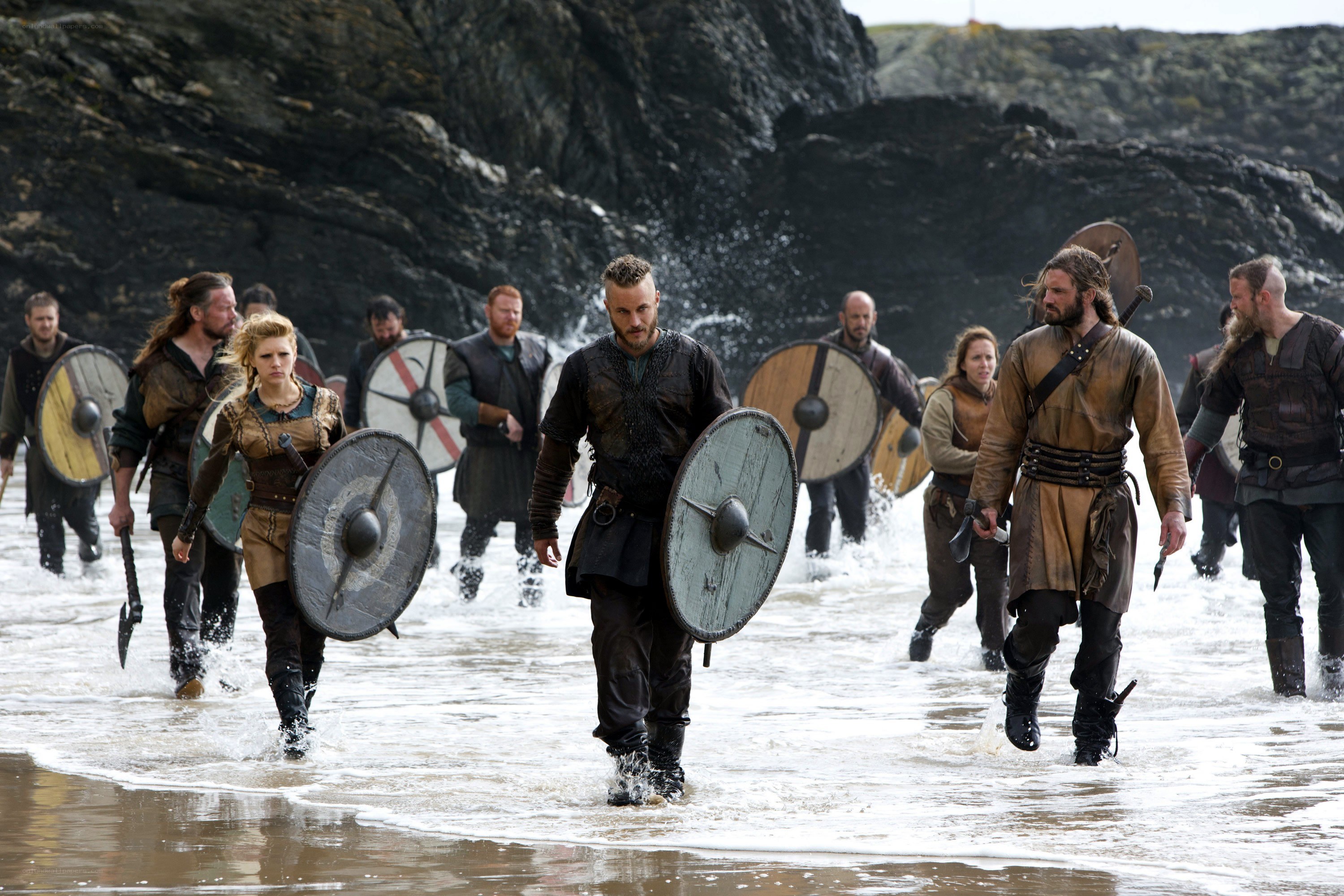 Vikings landing on a beach