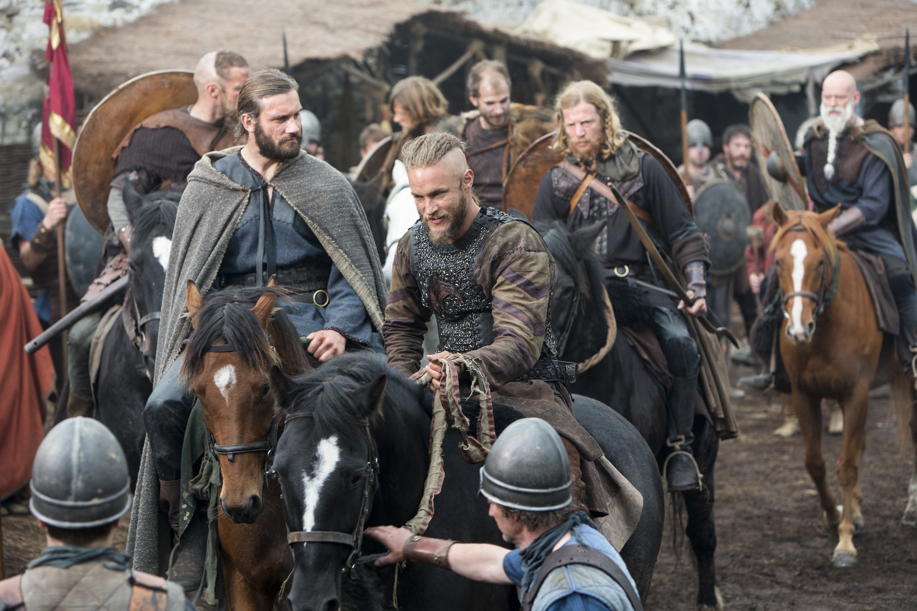 Vikings on horseback in camp