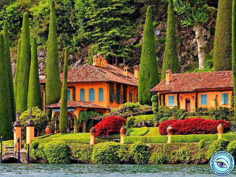 Villa on Lake Shore — Green, Serene, Afternoon, Photograph