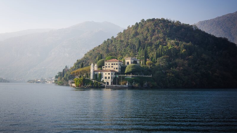 Villa on Lakeside Hill — Blue, Serene, Afternoon, Photograph, Lake