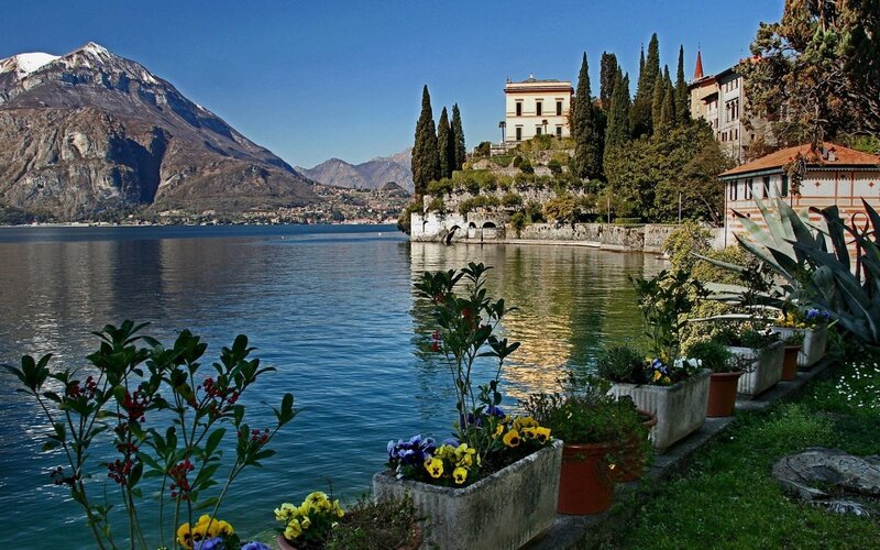 Villa on Lakeside Hill — Blue, Serene, Afternoon, Photograph, Mountain