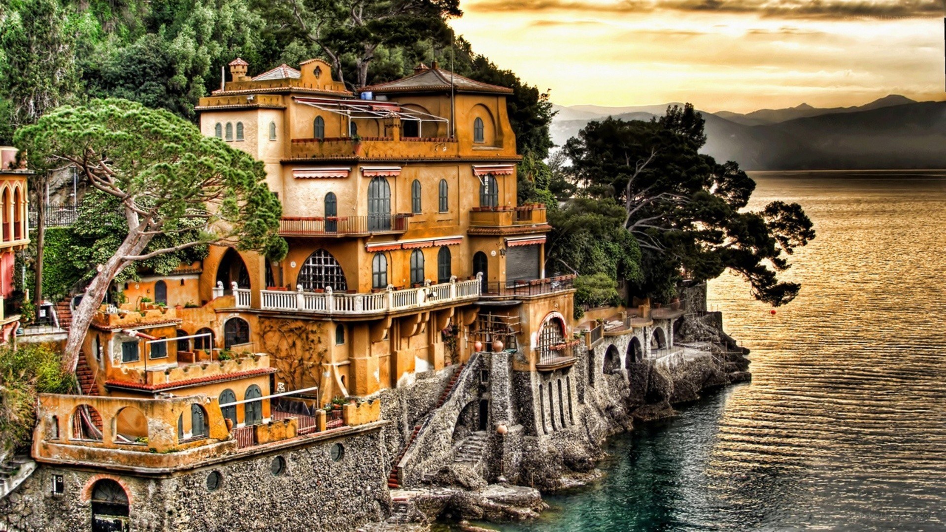 Villa on the coast at sunset