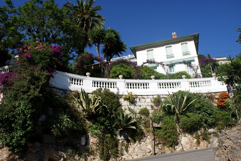Villa with white balustrade and tropical plants