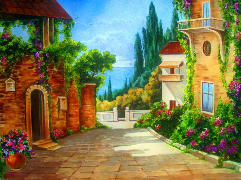 Village Alley with Sea View