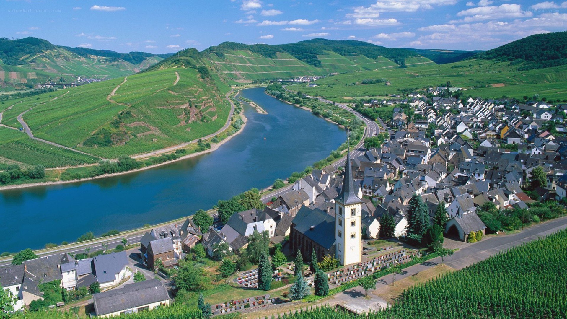 village along a river valley