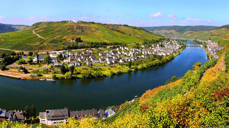 Village Along River Bend — Green, Serene