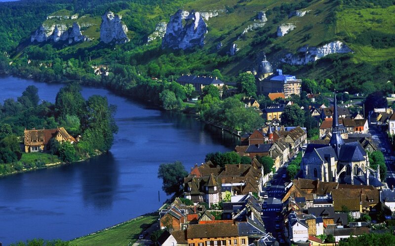 Village Along River — Blue