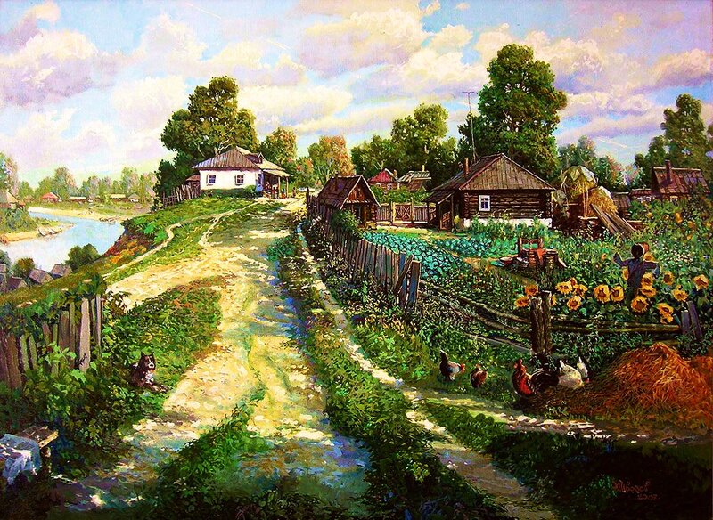 Village Along River — Green, Serene, Afternoon, Painting