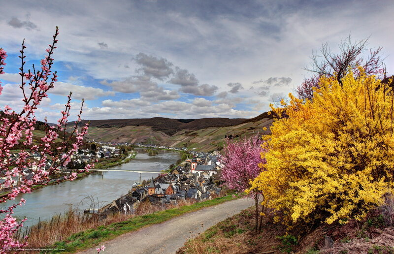 Village Along River Valley — Yellow
