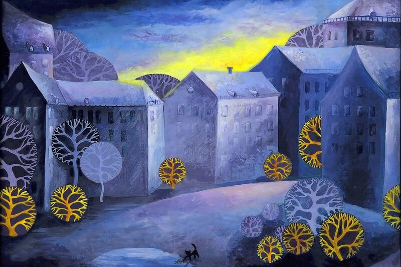 Village at Dusk — Blue, Dreamy