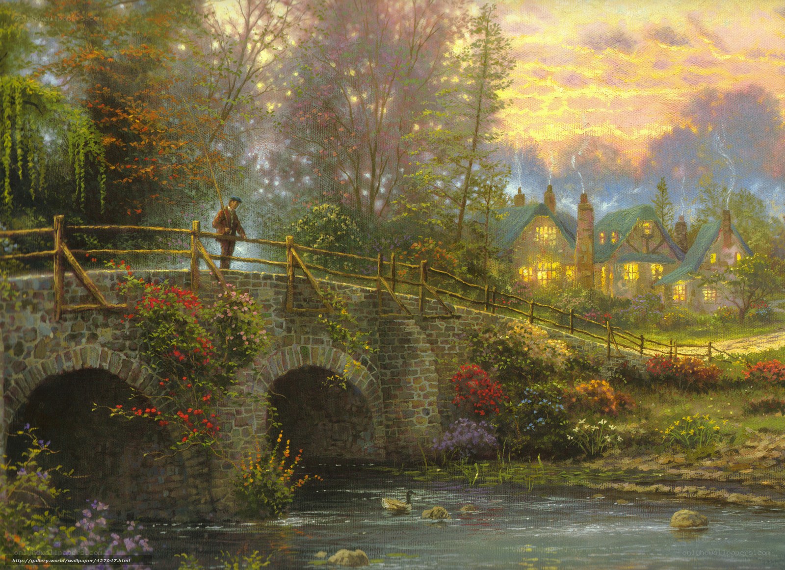 Village at dusk by the river
