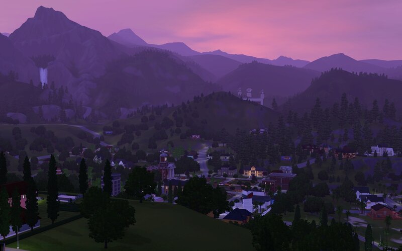 village at dusk in mountain valley