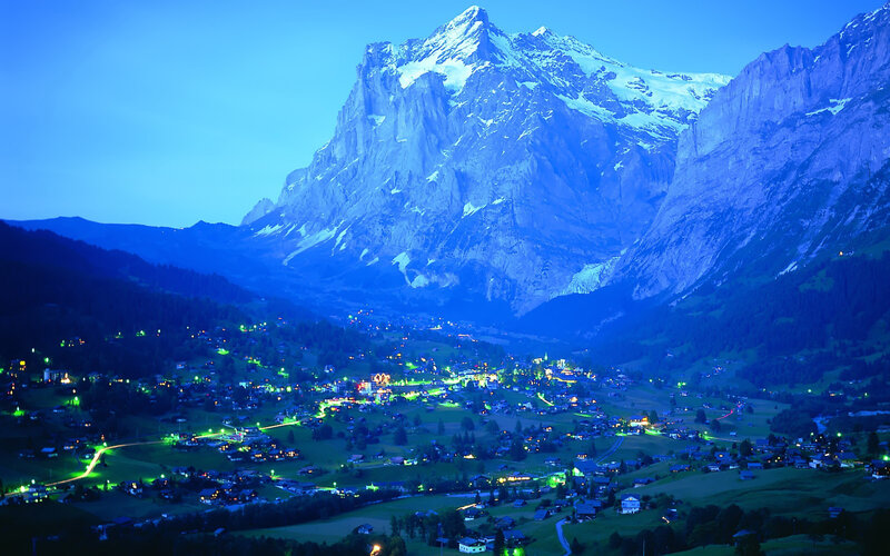 village at dusk in the alps