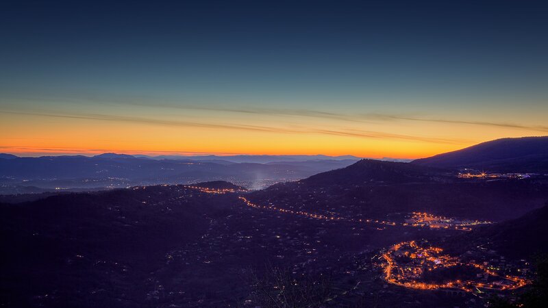 village at dusk in the mountains