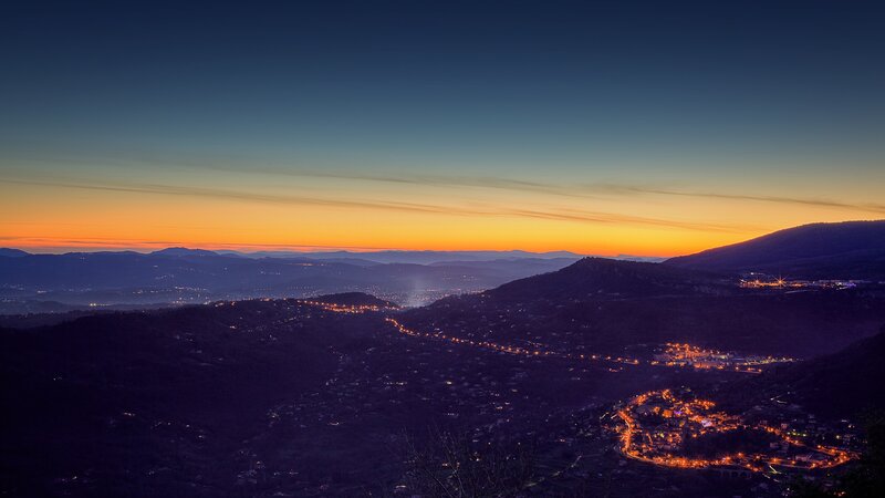 Village at Dusk — Orange, Serene, Sunset