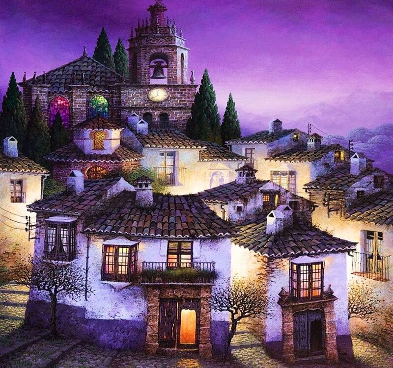 Village at Dusk — Purple, Serene