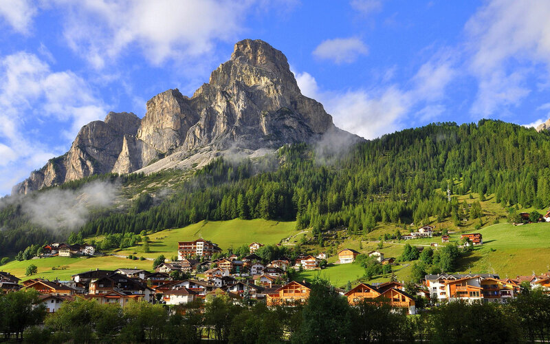 Village at Mountain Base — Blue, Serene