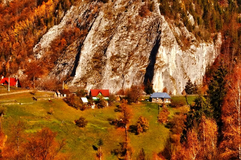 Village at Mountain Base — Green, Serene, Autumn