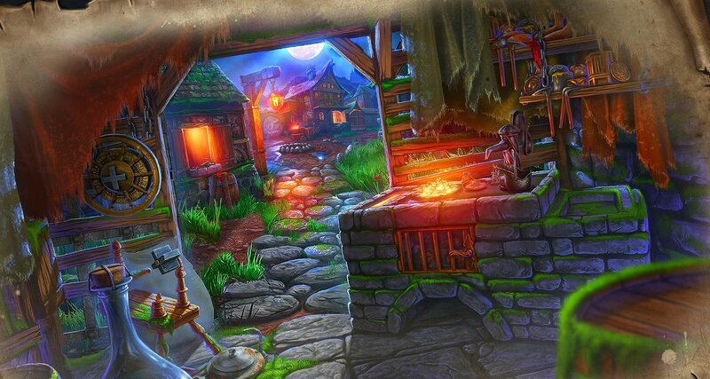 Village at Night — Blue, Mysterious, Digital Art, Stone Path